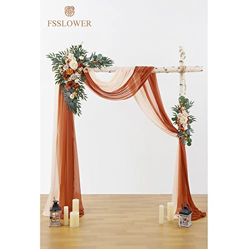 Wedding Arch Flowers with Drapes Kit (Pack of 4) - 2pcs Artificial Terracotta Deluxe Swag with 2pcs Sheer Drapes for Wedding Ceremony Backdrop Rose Floral Decoration Arbor Reception - color: Terracotta, size: Pack of 4
