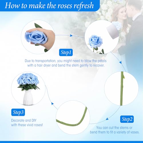 Hotop 40 Pcs Rose Artificial Flowers Bulk with Long Stem,Realistic Silk Fake Roses Bouquet for Home Wedding Centerpieces Party Table Decoration Valentines Gifts(Light Blue) - color: Light Blue