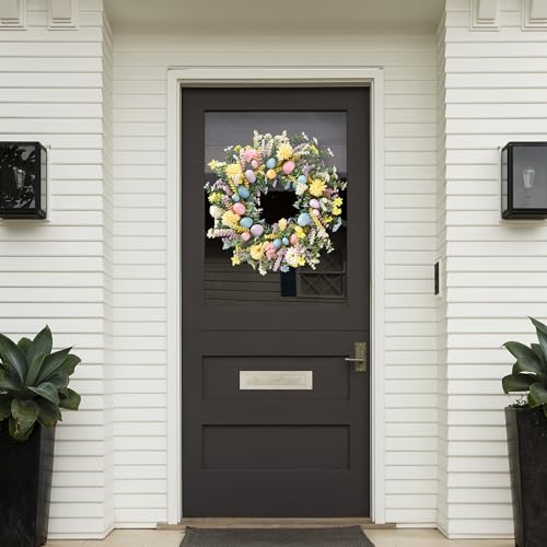 Sggvecsy 20 Inch Easter Wreath Spring Wreath Artificial Flower Wreath with Colorful Eggs Hydrangea Daisies Eucalyptus Leaves for Front Door Easter Summer Farmhouse Holiday Wall Home Window Decor