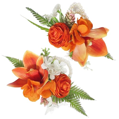 Rinlong 2Pcs Tropical Orchid Wrist Corsage for Wedding, Prom, Homecoming | Bridesmaid, Mother of the Bride Corsage - color: 20-tropical Orange