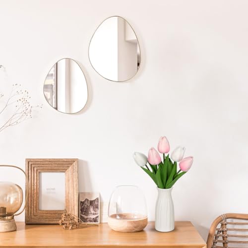 Briful 2 Packs Faux Flowers Artificial Tulips with Ceramic Vase, Poly Foam Pink-White Real Touch Flower Arrangement for Home Kitchen Wedding Centerpiece Decoration - color: Pink White