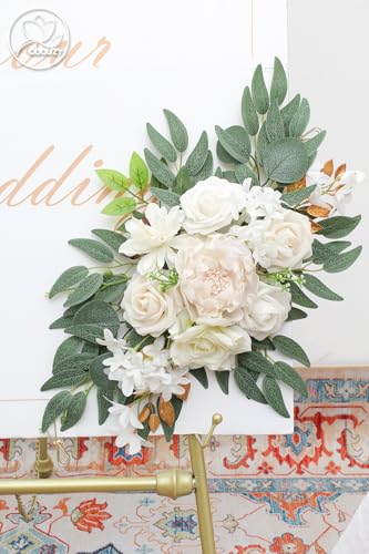 Odouzy Pack of 2 Wedding Arch Decorations Artificial Hanging Flowers Floral Swag for Wedding Welcome Sign Backdrop Balloon Arch Home Party Bridal Ceremony Reusable(White) - color: White