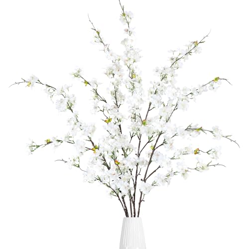 Sggvecsy Artificial Cherry Blossom Flowers 4 Pcs Faux Cherry Blossom Stems Faux Silk Cherry Blossom Branches 43’’ Fake Flowers Long Stems for Vase Arrangements Home Wedding Table Decor (White) - color: White