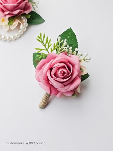 Pink Rose Corsage and Boutonniere Set Wristlet Corsage for Bride Bridesmaids, Boutonniere for Groom Groomsmen Prom Wedding Flowers Accessories,Homecoming, Anniversary, Graduation (Pink) - color: Pink