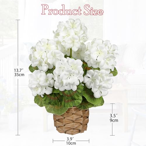 Briful Artificial Geraniums Flowers Potted Plant - 13.7'' Tall Faux White Silk Realistic Lush Geraniums Flowers in Basket, Indoor&Outdoor Decorative Plant, Farmhouse Home Porch Office Patio Table - color: White, Basket