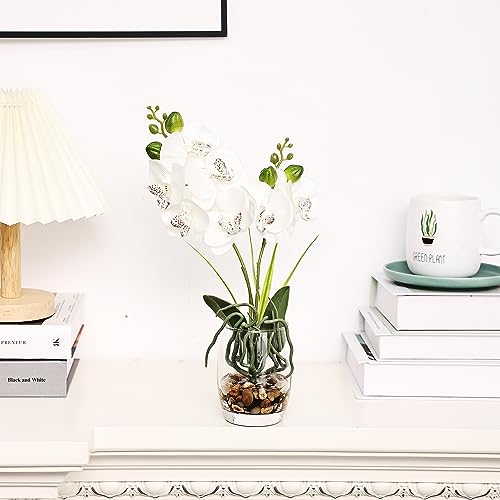 Jusdreen White Orchid Centerpiece in Glass Vase, 14.5 Inch Artificial Phalaenopsis with Potting for Home Office Decor, Table Centerpiece - color: Glass-white