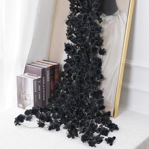 BLEUM CADE 12Pcs 98.4Ft Flower Garland Artificial Rose Vines for Bedroom, Cute Fake Hanging Flower Vines Floral Garland Decorations for Halloween Wedding Party Wall Room Decor Aesthetic - color: Black, size: 12 Pcs