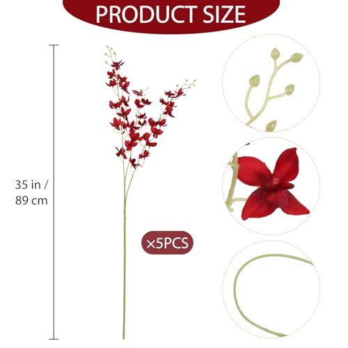 Artificial Orchid Silk Fake Red Flowers 5PCS Long Stem Artificial Flowers that Look Real Dancing Lady Orchids for Tall Vase Outdoor Home Wedding Party Office Decoration - color: Red