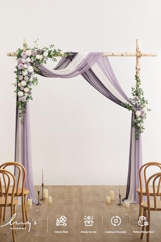 Ling's moment Wedding Arch Flowers with Drapes Kit-Pack of 5, 2pcs Flower Arrangements 3pcs Sheer Hanging Drapes White Ceremony Arbor Backdrop Artificial Rose Floral Decorations, Lilac & Purple - color: Prpl-lilac & Sage Purple