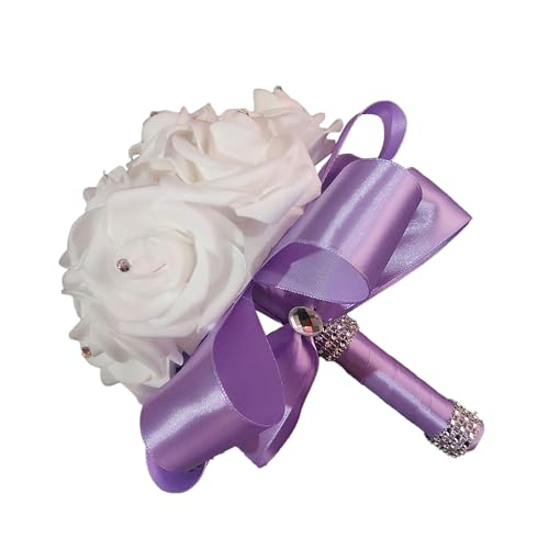 Wedding Bouquets for Bride, Bridal Flowers for Wedding, Bride Bridesmaid Hand Flowers Bridal Bouquet Crystal Diamond Silk Roses, Artificial Flowers Bouquet for Church Wedding Party (Purple) - color: Purple