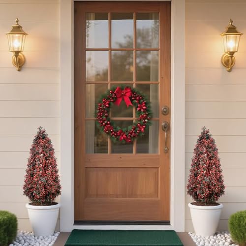 Set of 2 Topiary Trees Artificial Outdoor for Spring, 3.3FT Tall Artificial Plant Faux Shrubs Bushes with Stakes,UV Resistant Fake Boxwood Plants for Outdoor Planter,Porch, Garden, Patio,Indoor Decor - color: Red