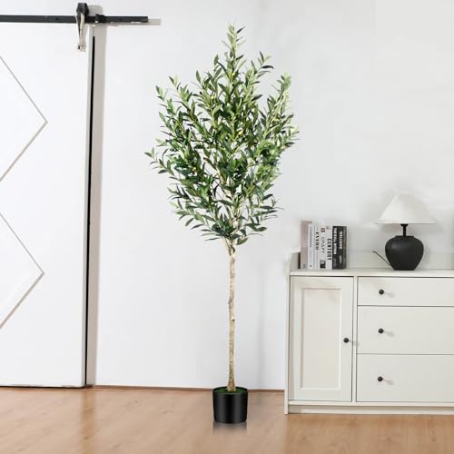 6FT Olive Tree Artificial Indoor - Tall Faux Olive Tree with Wood Trunk and Lifelike Fruits - Fake Plants in Pot for Home Office Living Room Decor - size: 6ft