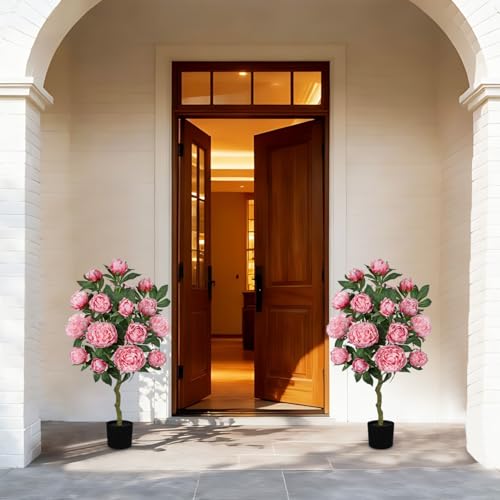 Hollyone Pink Fake Peonies Tree 3FT Peonies Artificial Flowers Tree in Pot Faux Peony Plants & Flowers in Planter Greenery Potted Plant Indoor Outdoor Front Door Porch Home Decor - color: 3ft - Pink