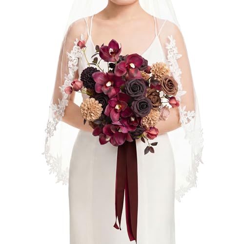 Ling's moment Plum and Earth Brown Wedding Bouquets for Bride, Brown Purple Bridal Bouquets for Bride, 13 Inch Free Form Artificial Wedding Flower Bouquet - color: Brn-plum & Earth Brown, size: Small 13 Inch