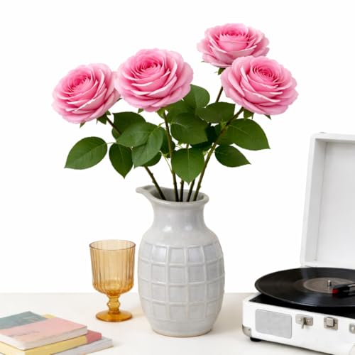 Artificial Rose Flowers, 4Pcs Real Touch Long Stem Faux Roses, Lifelike Latex Roses for Wedding Bouquet, Table Centerpiece, Home Decor, DIY Floral Arrangement, Pink - color: Pink