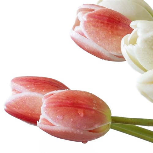 DUYONE 40Pcs Artificial Tulips Flowers, Soft Touch Realistic Latex Tulips Bouquet for Home Office Wedding Party Garden Decor, Fake Flowers for Dining Table Living Room Spring-B Coral Pink Set - color: B Style-40pcs Coral Pink Set(no Vase)