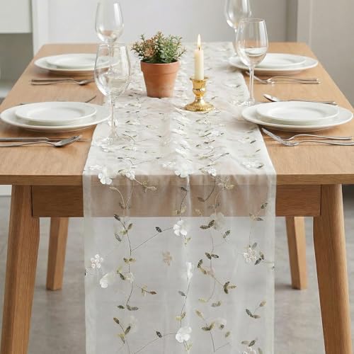 Artoid Mode Apricot 3D Flower Gauze Embroidery Table Runner 120 Inch 10FT, Tulle Seasonal Spring Kitchen Dining Holiday Table Decor for Home Party - color: White-apricot