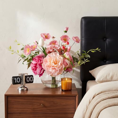 Artificial Flowers in Vase,Realistic Silk Peonies and Tulip Faux Flowers with Faux Water,Perfect for Table Centerpiece,Wedding,Fuchsia Fake Peonies in Vase for Floral Arrangements - color: Mix Peony-fuchsia