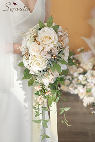 Serwalin 9.8 Inch Wedding Bouquets for Bride Bridesmaid, Champagne Rose Bridal Bouquets for Bride, Wedding Flowers Bouquet Tossing Bouquet, Wedding Ceremony and Anniversary Day Decoration - color: Adorable Champagne