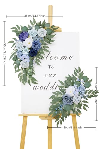 Wedding Welcome Signs Floral(Pack of 2)，Wedding Arch Flowers for Wedding Decorations and Reception Backdrop Decoration（New Blue） - color: New Blue