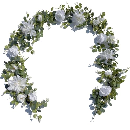 Artificial Flower Garland，6.5Ft Fake Dahlia Rose Flowers Garland Floral Eucalyptus Greenery Vine for Wedding Arch，Table Runner Centerpieces Backdrop Room Wall Hanging Plant Decor（White） - color: White