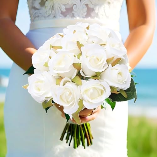 Jasion Artificial Roses Silk Fake Flowers 12 Heads DIY Arrangement Bouquet for Home Office Table Centerpieces Bridal Wedding Easter Decoration Without Vase (Spring White) - color: Spring White