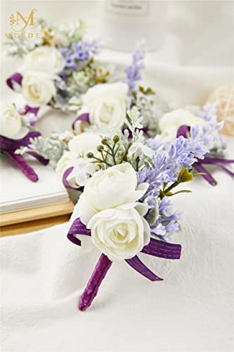 6Pcs White and Purple Artificial Boutonnieres for Men Wedding Prom | Faux Boutonniere with a Purple Ribbon, Suitable for Grooms and Groomsmen at Wedding, Prom, Various Suits, and Formal Dinners - color: Purple2# Boutonniere(6 Piece)