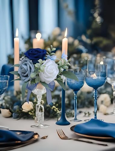 Marriwise Set of 6 Navy Blue Assorted Wedding Flower Centerpieces Pre-Made Mini Bridesmaid Bouquets Artificial Floral Rose Table Decor for Outdoor Beach Wedding Decorations Shower Home Decor - color: Navy Blue