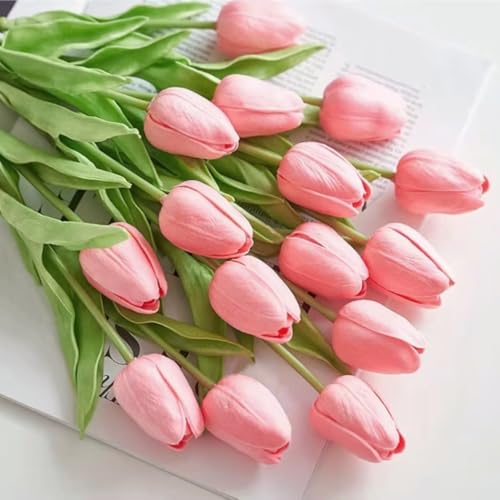 PU Real Touch Tulips Artificial Flowers 30Pcs Fake Flowers Arrangement Bouquet for Home Office Wedding Decoration (Pink) - color: Pink 30pcs