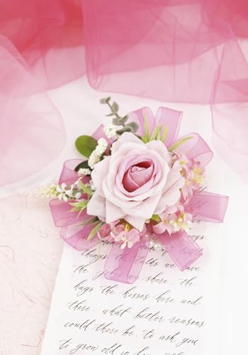 Pink Corsage and Boutonniere Set, Corsage Wristlet for Women and Boutonniere for Wedding Prom Homecoming, Artificial Rose Flowers Boutonniere and Wrist Corsage - color: Pink