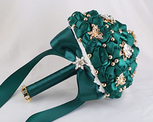 One Big Size(8.26") Gold Diamond Bridal Wedding Bouquet Bridesmaid Toss Bouquet Foam Rose Bouquet with Ribbon W666-21 Emerald Green - color: Emerald Green