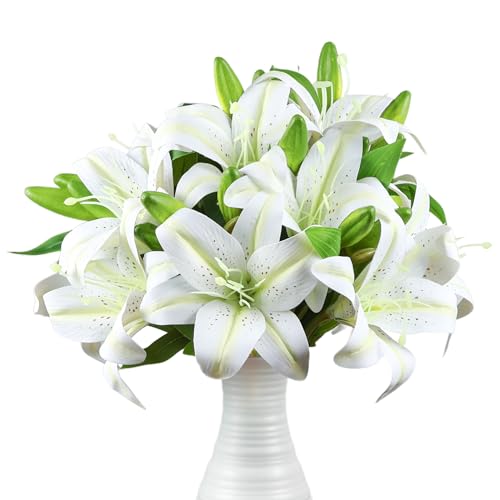 12 Pcs White Artificial Lily Flower, Realistic Long Stem Real Touch Stargazer Lily, Faux Lily Flower Fake Floral with Rods for Home Party Wedding Table Centerpiece Garden DIY Craft Decoration