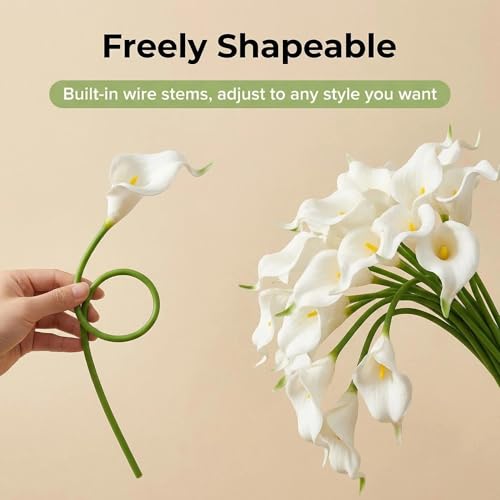 20 Stems Real Touch Calla Lily Artificial Flowers, 14.2in Tall with 2.4in PU Blooms, White Faux Calla Lilies with Bendable Plastic Stems for Wedding Bouquets, Centerpieces and Home Decor
