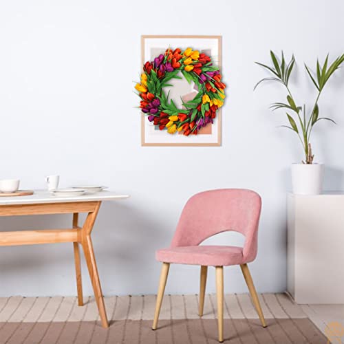 U'Artlines 24 Inch Tulip Wreath for Front Door, Spring Summer Silk Wreath with Green Leaves Artificial Tulip Flower Wreaths for All Seasons Window Wall Wedding Valentines Day Decor - color: Red Yellow Purple, size: 24 Inch