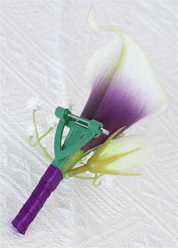 Artificial Purple Calla Lily Boutonniere for Men Groom Groomsmen Artificial Flowers Calla Lily Boutonniere for Wedding Party Prom Homecoming Ceremony Anniversary Purple Calla Lily Boutonniere - color: Purple Calla Lily Boutonniere