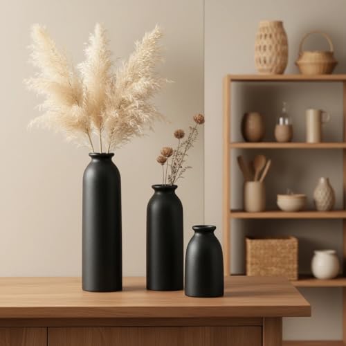 CEMABT Black Ceramic vase Set-3 Flower vases for Decor,Modern Boho Farmhouse Home Decor,Decorative vase for Pampas Grass&Dried Flowers,idea Shelf,Table,Bookshelf - color: 3set-tall Black