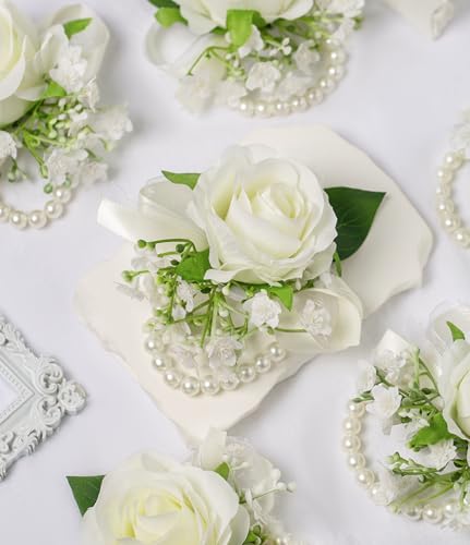 10 Pcs Ivory White Rose Wrist Corsages for Wedding Prom Party | Bride Bridesmaids Corsages, Pearls Wrist Flower for Prom Homecoming Party, Wrist Corsage for Mother of Bride and Groom - color: White Wrist Corsage 10pcs