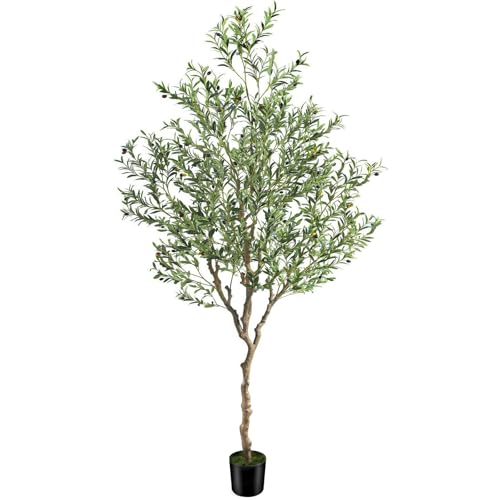 7ft Artificial Olive Tree Potted, Faux Indoor Plants with Natural Wood Trunk & Lifelike Fruits, Realistic Tall Fake Tree for Home Office Decor, Housewarming Gifts - size: 7ft