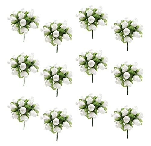 GiftWrap Etc. White Artificial Silk Flower Roses - 12 Mini Bouquets of 12 Rosebuds, 144 Rosebuds Total, Easter, Spring, Valentine's Day, V-Day, Wedding, Reception, Anniversary, Wreath, Bridal Shower - color: White