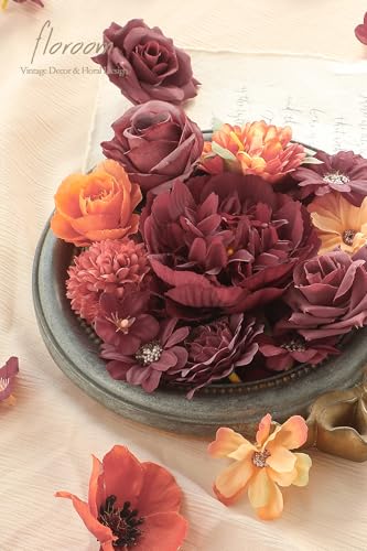 Floroom Mini Artificial Flower Heads Burnt Orange & Burgundy Fake Peony Daisy Rose Multicolor Small Faux Silk Flower Heads for Cake Craft Garland Wedding Party Graduation Cap DIY Home Decoration - color: Burnt Orange Burgundy
