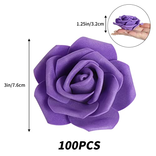 IPOPU Artificial Roses Flowers Heads, 100Pcs Stemless Foam Roses Heads Bulk 3in Fake Flowers for Crafts, Wall Decorations, DIY Wedding Bouquets, Bridal Shower, Party Home Decoration(Dark Purple) - color: Dark Purple