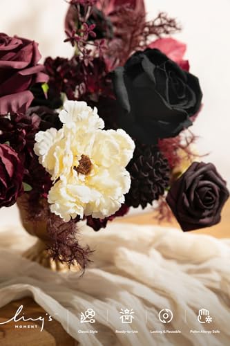 Ling's moment Fake Flowers Box, Faux Artificial Greenery Stems Foam Roses Dahlia Anthurium Silk Hydrangea Fabic Flower for Centerpieces Bouquet Wedding Vase Decorations, Burgundy & Black, Grand Combo - color: Red-burgundy & Black, size: Grand