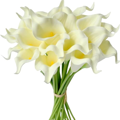 Mandy's 20pcs Cream Calla Lily Artificial Flowers | 13.5 Inch PU Realistic Bouquet for Vase Elegant Home Decor Centerpiece Wedding Bridal Bouquet Table Decoration - color: Cream
