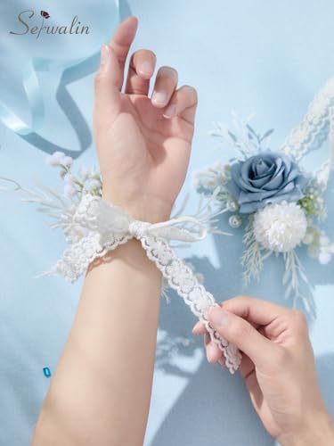 Serwalin 2 PCS Blue Wrist Corsage for Wedding, Corsages Wristlet for Bridesmaid Mother Grandmother Girl, Artificial Flowers for Prom Ceremony Homecoming Anniversary - color: Blue, size: Corsage 2pcs