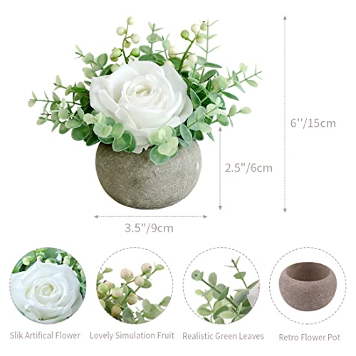 Small Artificial White Rose Potted Plant, 6" Fake Silk Flowers in 3.5" Round Pot, Mini Faux Floral Arrangement for Desk Shelf Bathroom Decor - color: White