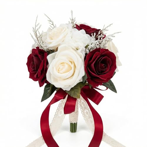 Wedding Bouquets for Bride, Ivory White Burgundy Bridal Bouquet | Realistic Silk Rose for Rustic Boho Church Ceremony, Proposal, Thanksgiving, Wedding Decor - color: Ivory White and Burgundy