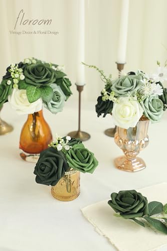 Floroom Artificial Flowers 25pcs Real Looking Forest Green Ombre Colors Foam Fake Roses with Stems for DIY Wedding Bouquets Bridal Shower Centerpieces Sage Green Floral Arrangements Decorations - color: Shades of Forest