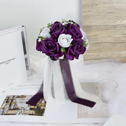 Wedding Bouquet for Bride - Premade Simple Artificial Roses Flowers for Bridal Shower Destination Ceremony Anniversary Decorations - Deep Purple & White - color: Deep Purple & White