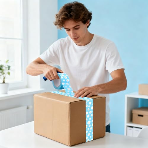 Whaline 109 Yard Groovy Daisy Packing Tape Gift Wrapping Tape Blue White Boho Spring Flower Pattern Tapes for Small Business DIY Crafts Carton Decor - style: Blue White Daisy