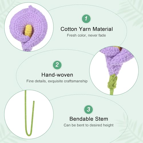 M METERXITY 6-Pack Crochet Flowers, Knitted Artificial Wool Calla Lily for Mother's Day/Wedding/Birthday/DIY Decor, Handmade Knitted Flowers [White, Purple, Blue] - color: White, Purple, Blue